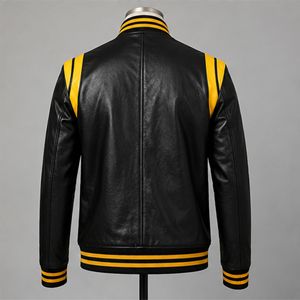 Blouson Bomber Varsity en Cuir Véritable Noir et Jaune pour Homme, Col Montant, Fermeture Éclair, Style Moto Biker, Coupe-Vent, Automne - Product Image 3