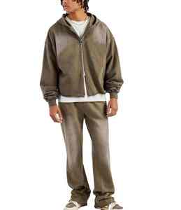 Custom Men's Vintage Patch Embroidery Stripe French Terry Acid Wash Hoodie Set Heavyweight <b>Zip</b>-<b>up</b> Sweatpants for Winter - Product Image 4