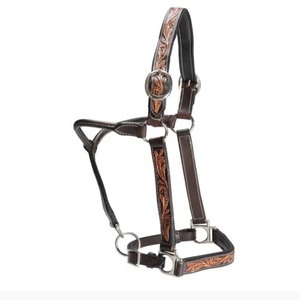 Licol de luxe en cuir sculpté à la main avec surpiqûres contrastées et double quincaillerie en laiton réglable – Licol Western - Product Image 4