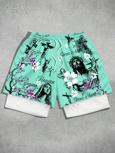Shorts de basketball pour hommes, design double couche, été, extérieur, imprimé graphique 3D sublimé, style américain tendance, coupe ample, en mesh - Product Image 1