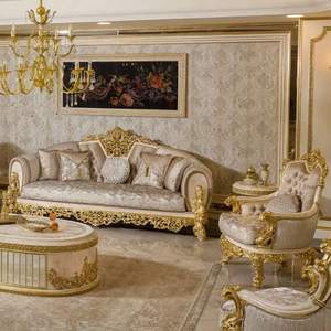 Juego de Sofás Seccionales de Lujo Royal Cream, Diseño Tradicional en Forma de L, Madera de Caoba Tallada, para Apartamentos y Hoteles, Indonesia - Product Image 3