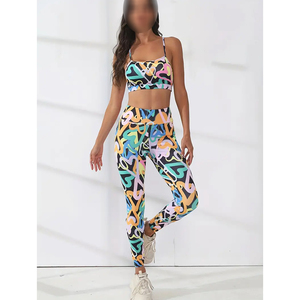 Good Quality Abstract Geometric Print Yoga Set High Waist Leggings Spaghetti Strap <b>Crop</b> <b>Top</b> Full Length Two Piece Workout Wear - Product Image 1