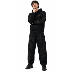 Ensemble de survêtement décontracté pour homme, style gothique, brodé, noir, à capuche, avec cordon de serrage, pantalon de survêtement long, motif flamme 3D, séchage rapide - Product Image 5