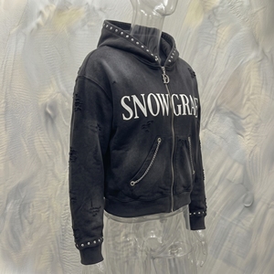 เสื้อฮู้ดซิป Snowgrace สีดำ พิมพ์ลายตัวอักษรประดับเพชร สไตล์สตรีทแวร์ เสื้อกันหนาวผู้ชาย ทรงปกติ - Product Image 2