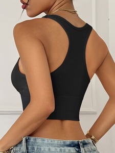 Soutien-gorge de sport sans couture pour femme |   Débardeur de sport noir bicolore |   Soutien-gorge de sport rembourré en nylon et élasthanne avec rayures grises - Product Image 2