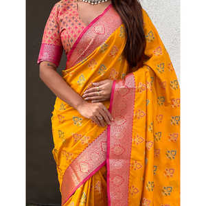 Sari Patola Ikkat en soie douce Zari tissée couleur moutarde Elite Weaves avec tissages contrastés, robes de soirée élégantes 600g - Product Image 2