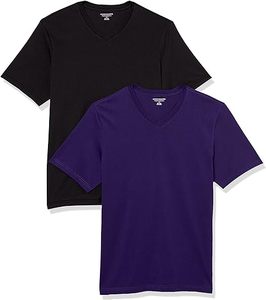Camiseta de Manga Corta con Cuello en V para Hombre, Corte Regular, Color Sólido, Algodón Jersey, Ropa Casual, Negro y Morado, Paquete de 2 - Product Image 1