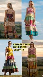 Sari indien vintage en soie et dentelle, robe décontractée d'été sans manches, longueur genou, col en V, multicolore, pour femme, tenue de soirée, avec pompons et boutons - Product Image 4