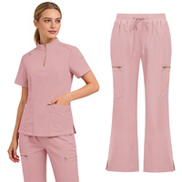 Unisex Pembe Örme Cerrahi Takım Tıbbi Üniforma Hastane İş Kıyafeti Hemşirelik Kıyafeti Cepli Kısa Kollu Pantolon