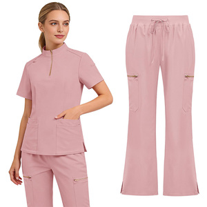 Conjunto de Uniforme Médico de Punto Rosa Unisex, Ropa de Trabajo para Hospital, Ropa de Enfermería, Pantalones de Manga Corta con Bolsillos - Product Image 4