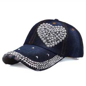 Heart Pattern <b>Baseball</b> <b>Cap</b> with Pearl and Rhinestone Embroidery for Women Fashion Casual Spring Summer Wear - Product Image 6