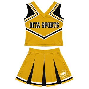 Ensemble d'uniforme de cheerleading jaune doré, noir et blanc, avec crop top sans manches à col en V et jupe plissée, pour spectacle de danse et équipe de cheerleading - Product Image 1