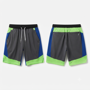 Shorts de sport pour homme à blocs de couleur, séchage rapide, avec cordon de serrage, longueur Bermuda, avec poches, gris, bleu, vert, en polyester tricoté - Product Image 4