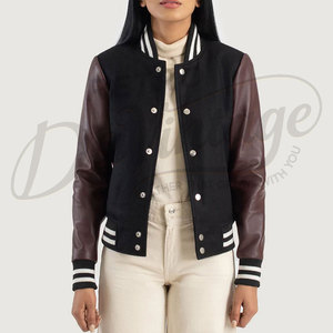 Women Varsity Letterman <b>Jacket</b> Black Wool Body with Brown Real <b>Leather</b> Sleeves Slim Fit Premium Classic Baseball Casual College - Product Image 5