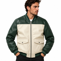 Blouson d'hiver pour homme en cuir véritable, respirant, coupe-vent, à blocs de couleur, fermeture éclair, style décontracté, vert beige