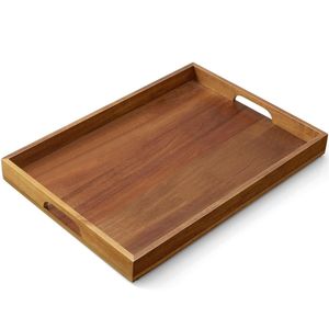 Plateau de service rectangulaire en bois d'acacia fait main avec poignées métalliques, plateau décoratif en bois pour table basse, aliments et repose-pieds - Product Image 6