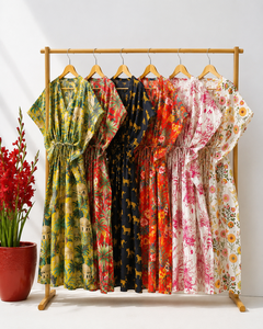 Vestido Maxi Kaftan de Algodón para Mujer, Estampado Floral Bohemio, para Playa, Manga Murciélago, Corte Regular, Ropa de Verano para Resort, Venta al por Mayor - Product Image 1