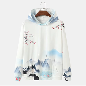 Sudadera con Capucha Estampada, Unisex, Talla Grande, Manga Regular, Tejida, con Estampado por Sublimación, Diseño Floral de Montaña Primaveral - Product Image 1