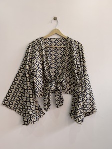 Chemisier en soie vintage assorti, imprimé, à nouer devant, pour femmes - Product Image 6