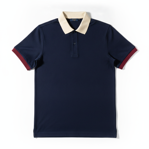Polo de manga corta azul marino para hombre con cuello color crema y puños rojos, ropa casual, tejido piqué de algodón transpirable, corte regular. - Product Image 6