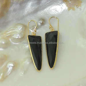 Pendientes de Plata de Ley 925 con Baño de Oro y Ónix Negro en Forma de Trillón de 12x36 mm, Corte Facetado, Joyería Boho Moderna para Mujer, Regalo - Product Image 3