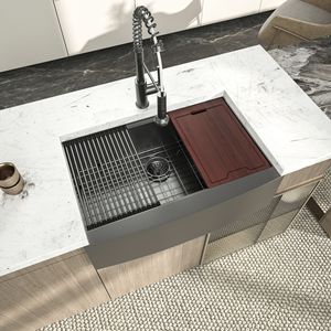 Gunmetal Black Farmhouse Apron Single Bowl Stainless Steel Kitchen Sink with Strainer for <b>Workstation</b> or Kitchen Sink - Product Image 3
