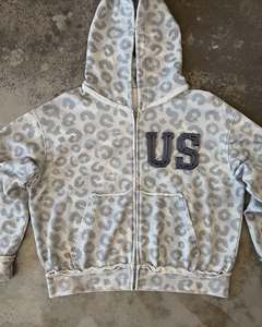 Veste à capuche personnalisée en molleton français camouflage, style streetwear, zippée, courte, imprimé léopard, vintage, en coton délavé à l'acide, avec appliques, pour homme - Product Image 2