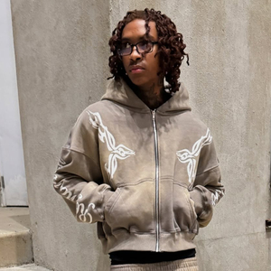 Custom Men's Zip-Up Tracksuit Oversized Acid Washed Distressed Hoodie and <b>Pants</b> for Autumn 100% Cotton - Product Image 3