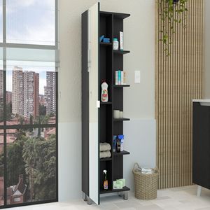Gabinete de una puerta con espejo Venus, de lino, con cinco estantes externos y cuatro interiores, negro - Depósito E Shop, estantes para baño - Product Image 2