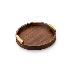 Plateau de rangement rond en bois avec poignées en laiton, design minimaliste pour utilisation sur table, plateau simple pour servir boissons et aliments, finition laquée - Product Image 1