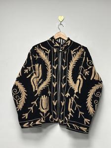 Handmade Black <b>Velvet</b> Suzani Embroidered <b>Jacket</b> With Floral Pattern Full Sleeve Stand Collar Bohemian <b>Women's</b> Winter Coat - Product Image 2