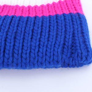 Unisex Kids Striped Knit Beanie <b>Hat</b> with <b>Pom</b> <b>Pom</b> Blue Pink White Hand Knitted Winter Cap 56-58CM - Product Image 5