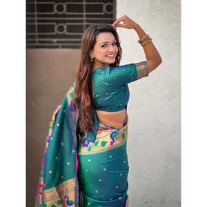 ผ้าไหมพายทานีสีเขียวทอลายซารี พร้อมขอบใหญ่ เสื้อผ้าอินเดียและปากีสถาน - Product Image 2