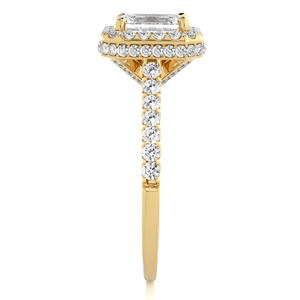 Bague de fiançailles en or jaune massif 14 carats avec halo de diamants de laboratoire taille émeraude et pavé, bijoux fins pour femme - Product Image 3
