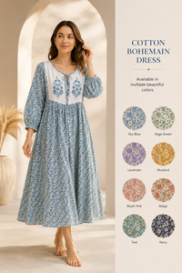 Robe de soirée pour femme, 100% coton, imprimée à la main de motifs floraux de Jaipur, longueur ras du sol, style bohème vintage, coupe évasée, écologique - Product Image 2