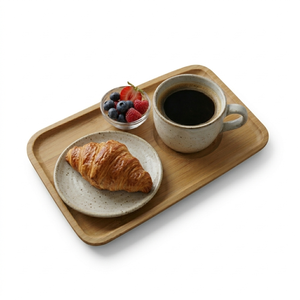 Bandeja de Servir de Bambú Natural con Portavasos Integrado, Juego de Tazas de Café y Platos para Desayuno, Bandeja de Madera Ecológica para Hotel y Hogar - Product Image 4