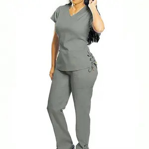 Venda Elegante Céu Azul Médico Scrubs Mulheres Scrub Enfermagem Poliéster Stretchy Hospital Uniformes Conjuntos lace up camisa e calças