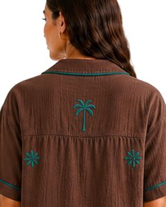 Ensemble de pyjama personnalisé marron pour femme, imprimé, à manches courtes, boutonné, vêtement de nuit doux et respirant, tenue décontractée d'été - Product Image 3
