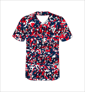 Maillot de baseball personnalisé pour homme, imprimé camouflage rouge et bleu, col en V, manches courtes, polyester sublimé, vêtement respirant - Product Image 2
