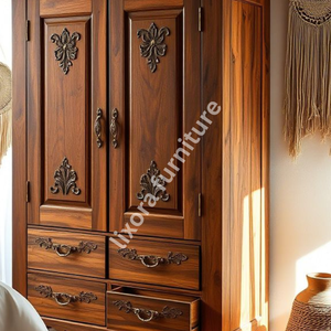 Luxury Handcrafted Solid Wood 2 Door <b>Wardrobe</b> with 4 Lower Drawers Ornate Carving Natural Finish - Product Image 3