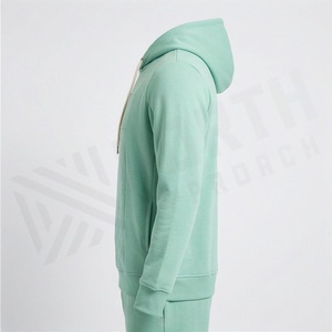 Survêtement unisexe vert menthe à capuche, manches longues, couleur unie, vêtements de sport décontractés avec poches latérales, matière en coton respirant - Product Image 3