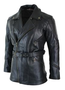 Veste de motard en cuir noir pour homme, long manteau trench ceinturé, vêtement d'extérieur décontracté en cuir véritable pour l'automne et l'hiver - Product Image 2