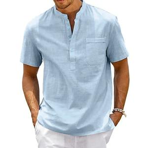 Camisa de Lino y Algodón para Hombre, Cuello Henley, con Bolsillo, Casual, de Playa, Manga Corta, Color Sólido, Estilo Vintage, Streetwear - Product Image 5