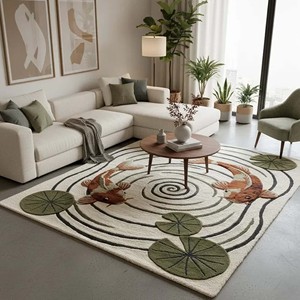 Alfombra Artística con Diseño de Peces Koi, Alfombra Moderna Anudada a Mano, Alfombra Circular Decorativa para Sala de Estar, Alfombra Suave y Única de Diseño - Product Image 1