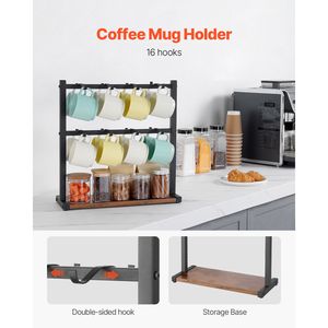 Portabicchieri da Caffè a 16 Ganci, Base di Stoccaggio a 2 Livelli in Acciaio al Carbonio e Legno, Porta Tazze da Caffè da Bancone, Organizzatore da Parete per Chiavi e Posta - Product Image 2