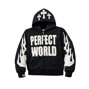 Sweat-shirt à capuche zippé noir pour homme avec imprimé graphique, style streetwear Perfect World, en molleton avec manches à motif flamme - Product Image 1