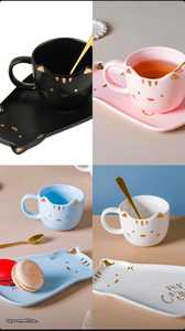 Ceramic <b>Cat</b> Face Mug Tray Spoon Luxury Design Eco-Friendly Washable Adjustable 300mm Diameter 1-3mm Thickness Black Pink Blue - Product Image 2