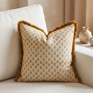 Funda de cojín con estampado indio, color beige, diseño botánico, con ribete, estilo rústico, decoración de granja, 18 × 18 pulgadas - Product Image 2