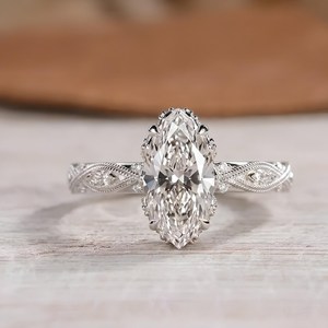 Bague de fiançailles Art Déco de créateur, certifiée IGI, couleur DEF, clarté VS VVS, or massif 10K 14K 18K, diamant de laboratoire taille marquise antique - Product Image 4