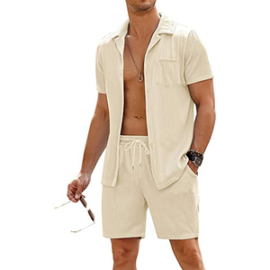 Ensemble chemise et short pour homme, 2 pièces, manches courtes, boutonné, t-shirt et short, couleur unie, décontracté, tenue de plage d'été, respirant, coton tricoté - Product Image 3